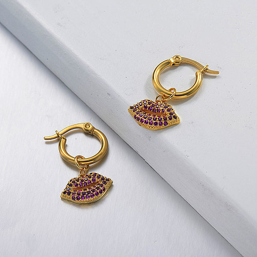 Pendientes de boca de acero inoxidable de diseño hecho a mano de joyería chapada en oro
