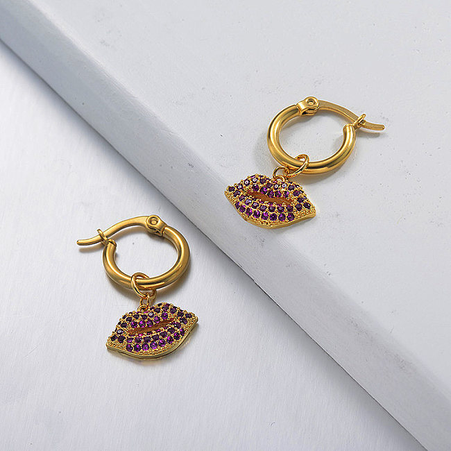 Brincos de boca em aço inoxidável com joias folheadas a ouro com design artesanal