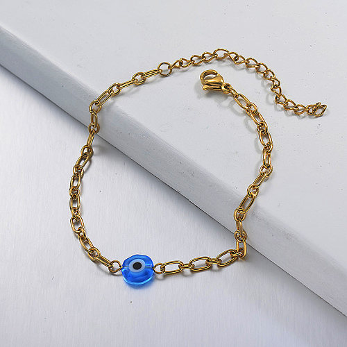 Blue Evil Eye Design Oval Stainless Steel Chain Bracelet Lucky Jewlery