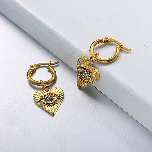 Joyas chapadas en oro Diseño hecho a mano Pendientes de corazón de ojos malvados de acero inoxidable