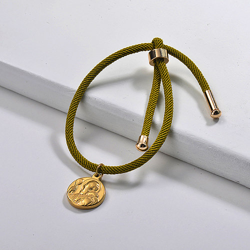 Gold Plated Retro Religious Coin Pendant Olive green Classics Rope Bracelet
