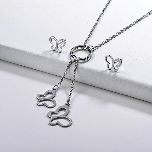 Stainless Steel Silver Hollow Butterfly Necklace Earrings Set
