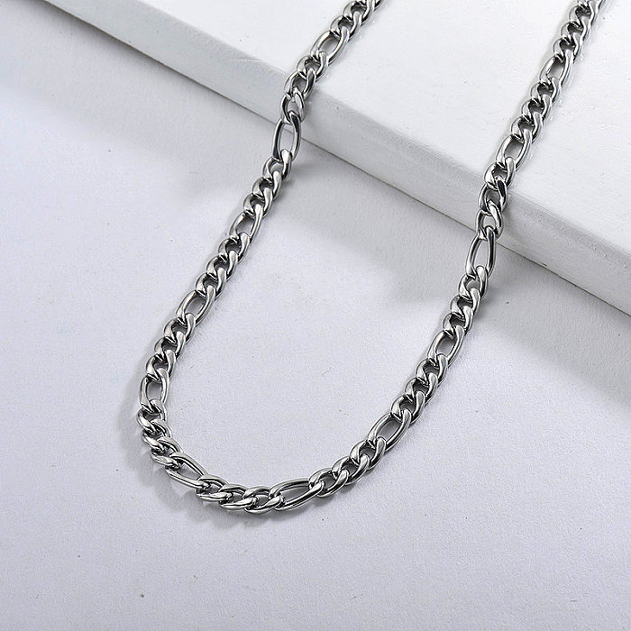 Silver Stainless Steel Figaro Link Chain Necklace For Men