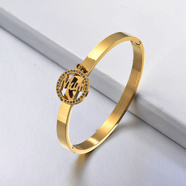 Bracelete de aço inoxidável dourado estilo Dia das Mães com pendente MUM
