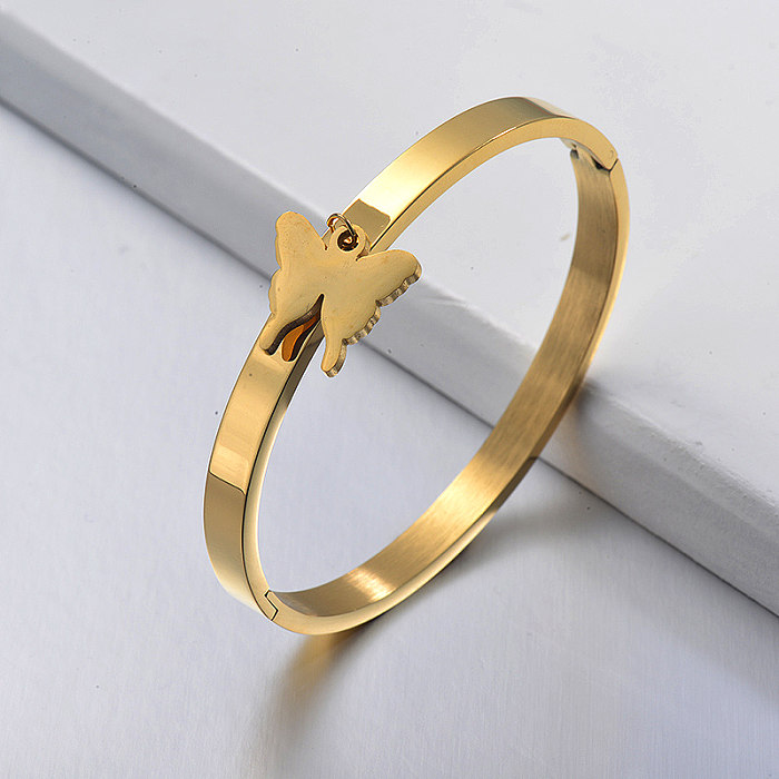 Bracelet tendance en acier inoxydable en or massif avec pendentif papillon