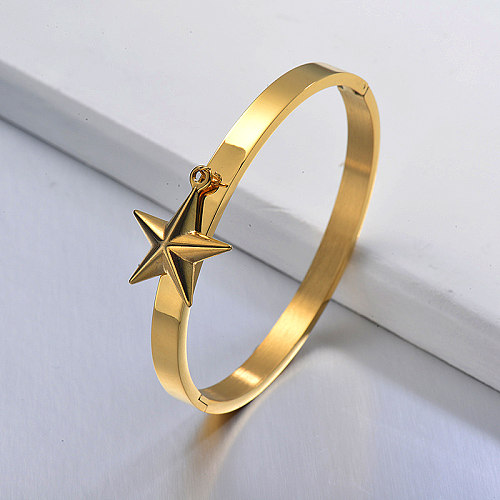 Golden stainless steel solid bracelet with star pendant