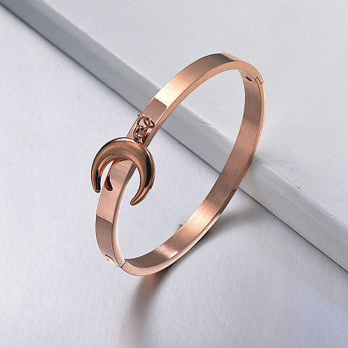 Rose gold stainless steel solid bracelet with moon pendant
