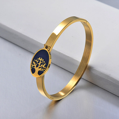 Gold stainless steel solid bracelet with blue oil drop tree of life pendant