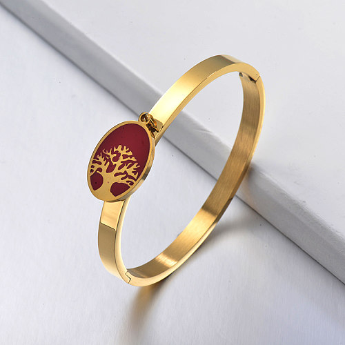 Solid gold stainless steel bracelet with red oil drop tree of life pendant