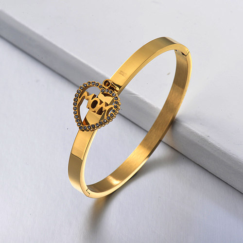 Mother's Day style fashionable golden stainless steel bracelet with heart-shaped MOM pendant