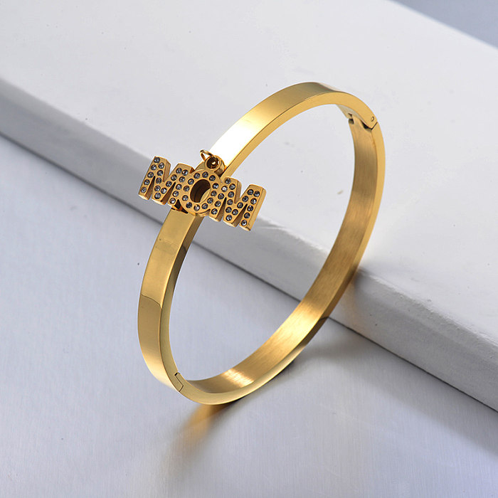 Bracelet tendance en acier inoxydable en or massif avec pendentif MOM en zircon