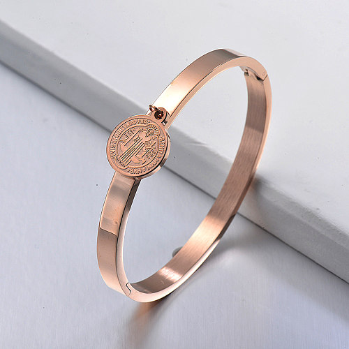 Fashion solid stainless steel rose gold bracelet with round saint pendant