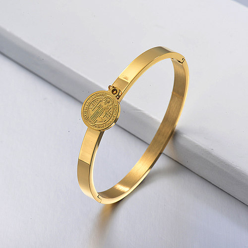 Solid gold stainless steel solid bracelet with round saint pendant