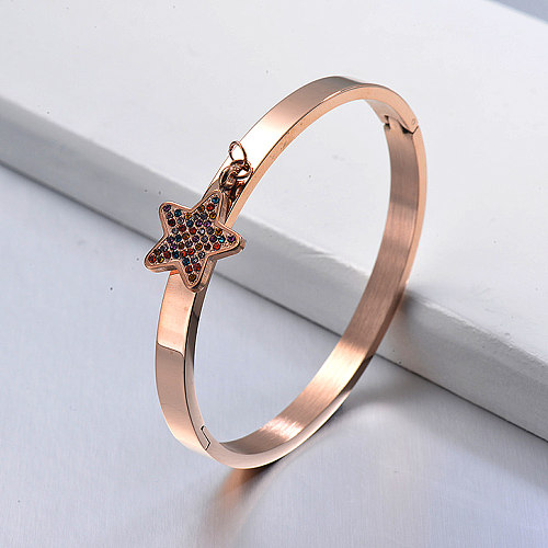 Rose gold stainless steel solid bracelet with colorful zircon star pendant