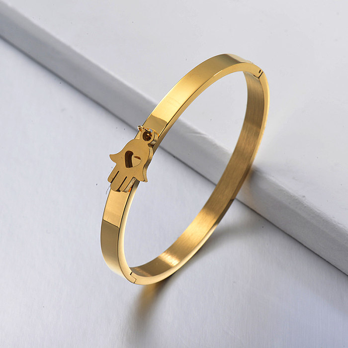 pulseira maciça de ouro de aço inoxidável com pingente de palma