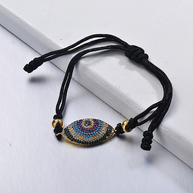 Cobre Lucky Eye Charm Bracelete de cordão preto feito à mão