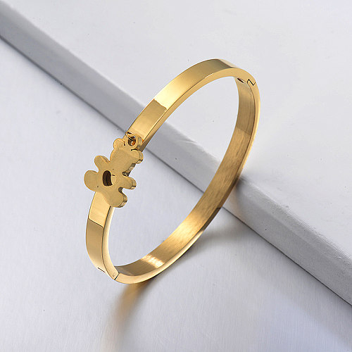 Golden stainless steel solid bracelet with bear pendant