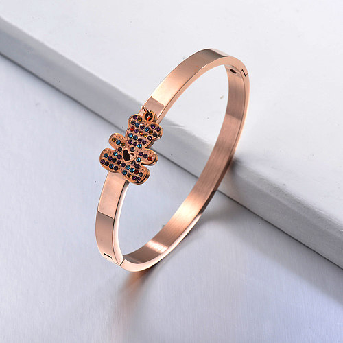 Fashion solid stainless steel rose gold bracelet with colorful zircon bear pendant