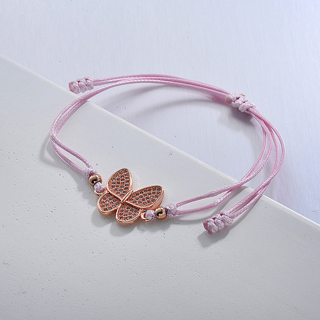Rosegold Plated Classic Butterfly Pendant Zircon Cluster Pink Leather String Bracelet