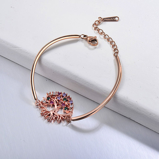 Bracelet simple en acier inoxydable avec pendentif arbre de vie en cuivre plaqué or rose