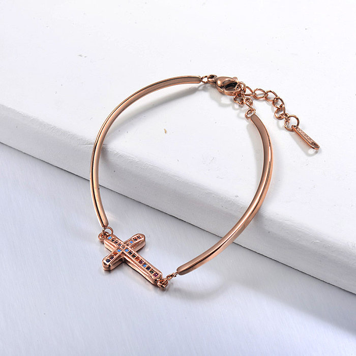 Rosegold Plated Classic Cross Pendant with Simple Design Bangle for Women Jewelry