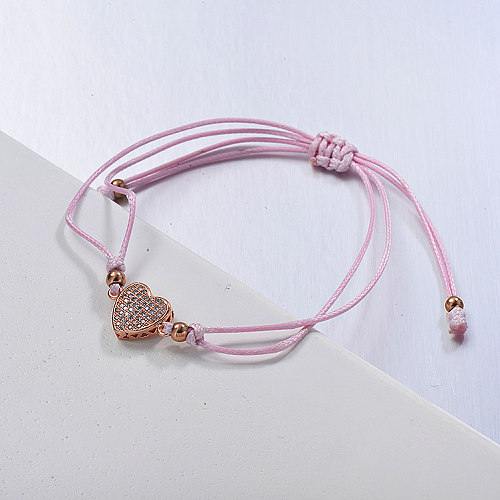 Dainty Heart Shape Zircon Cluster Pendant Pink Leather String Bracelet
