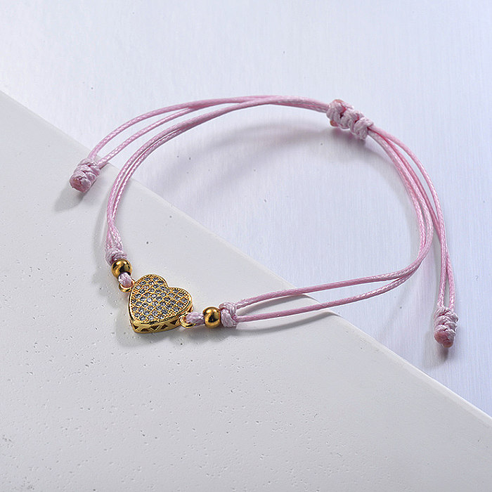 Pendentif grappe de zircon en forme de coeur délicat Bracelet en cuir rose