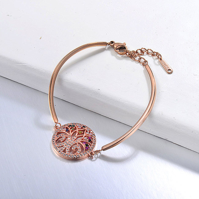 Bracelet en acier inoxydable avec pendentif arbre de vie en cuivre plaqué or rose