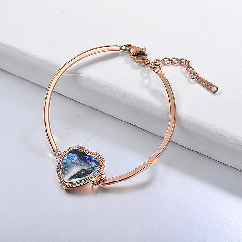 Forma de coração personalizada com concha de abalone e pulseira banhada a ouro rosegold