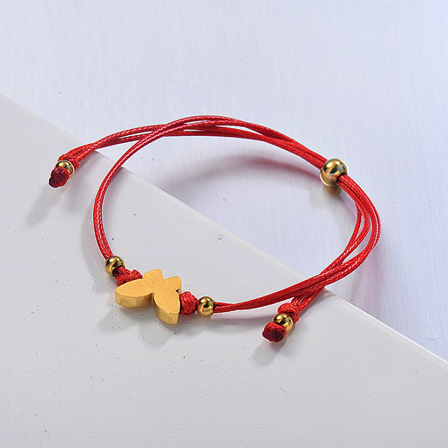 Bracelete de corda de couro vermelho banhado a ouro borboleta charme feito à mão