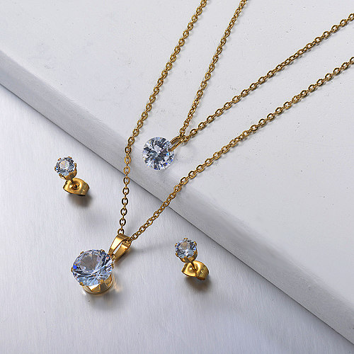 Fashion Stainless Steel Gold Zircon Stone Necklace Earrings Sets