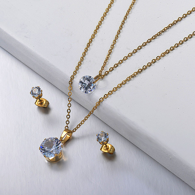 Conjuntos de brincos de colar de pedra de zircão de ouro em aço inoxidável fashion