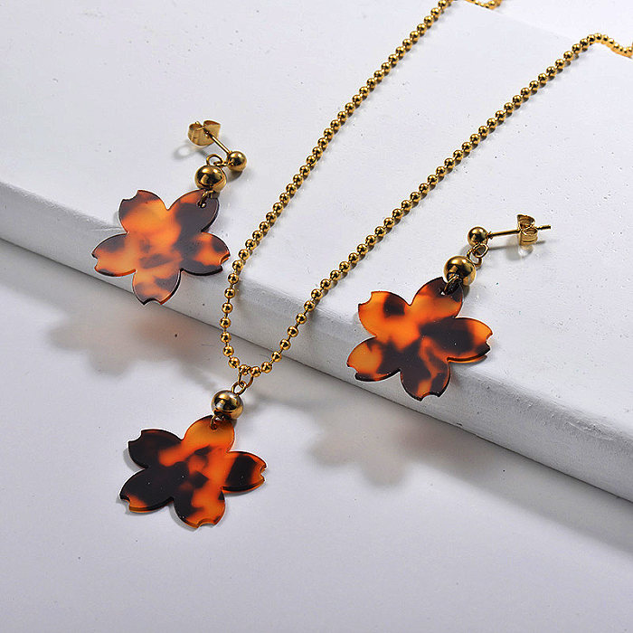 Conjunto de joyas antiguas de flores de leopardo chapado en oro de acero inoxidable