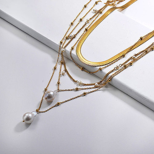 Luxury Freshwater Pearl Snake Chain Multilayer Necklace For Party