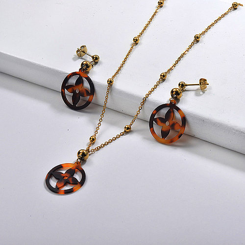 Stainless Steel Gold Plated Leopard Flower Necklace Earrings Sets