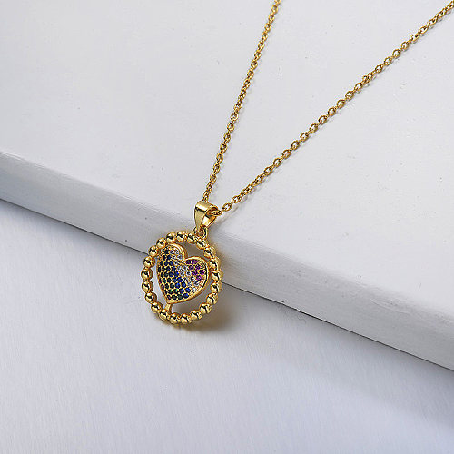Collier en or rond en forme de coeur avec diamants fantaisie