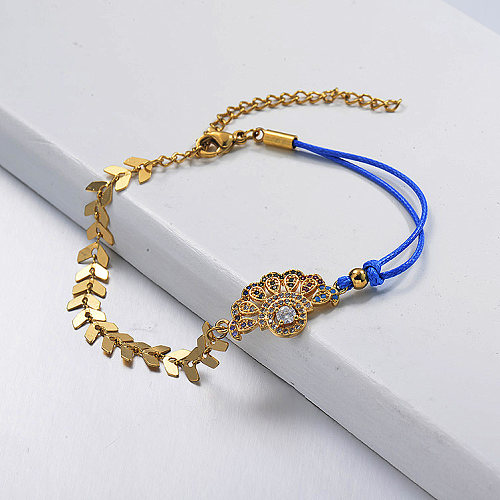 Gold Plated Fishbone Link Chain Diamond Pandent Royalblue leather String Bracelet