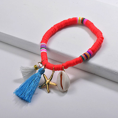 Rubber Bracelets Nature Shell Stainless Steel Starfish Charm Tassels Jewelry