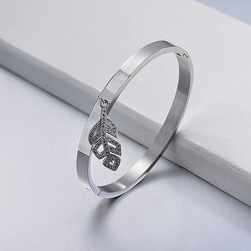 Diamante Cobre Elegance Folha Pingente Aço Inoxidável Bracelete Banhado A Prata