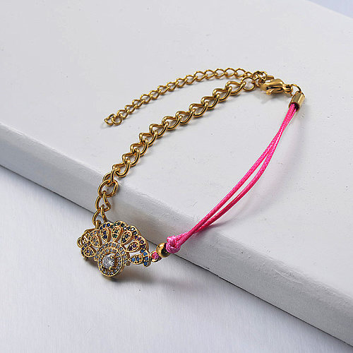 Gold Plated Diamond Pendant Pink Leather String Bracelet