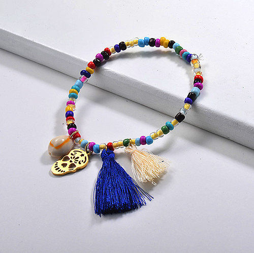 Colourful bead beaded Bracelets Nature Shell Stainless Steel Skull Charm Tassels Jewelry