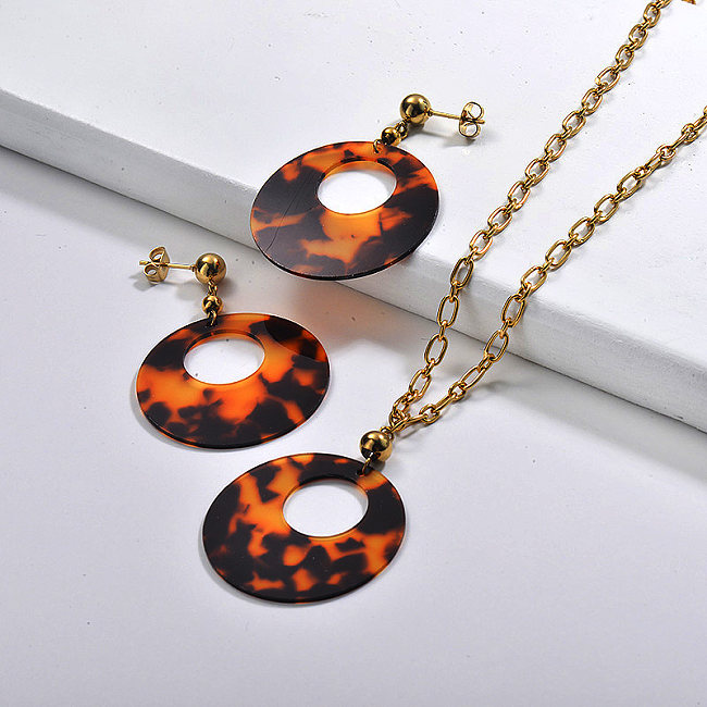 Conjunto de joias redondas leopardo folheado a ouro em aço inoxidável
