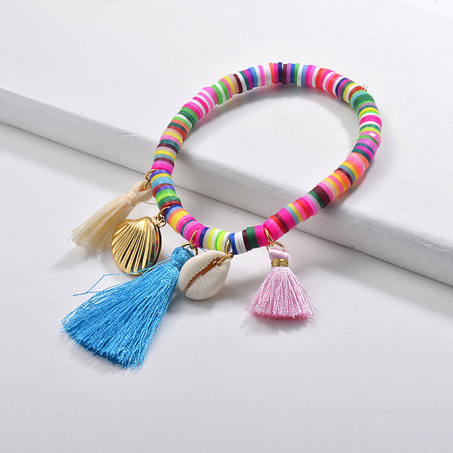 Bracelets en caoutchouc coloré coquille de nature plaqué or en acier inoxydable coquille breloque glands bijoux style Instagram