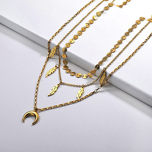 Fashion Gold Horn With Leaf Charm Roud Mixed Link Chain Multilayer Necklace