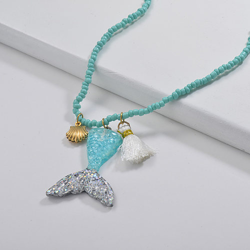 Pendentif sirène de mode avec collier ras du cou chaîne perlée bleue coquille bijoux d'été