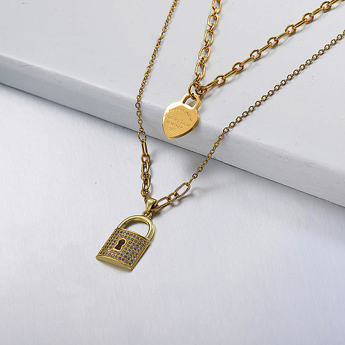Small golden lock fashion layered necklace