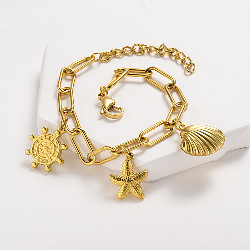 Bracelet en acier inoxydable doré de style maillon de chaîne avec pendentif marine