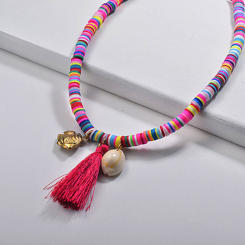 Summer Design Puka Shell Colorful Beaded Red Long Tassel Necklace