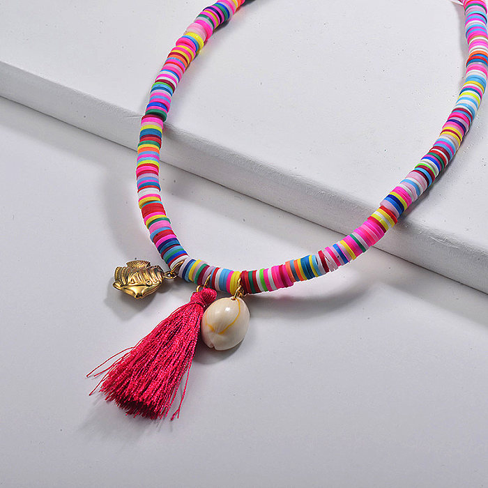 Summer Design Puka Shell Colorful Beaded Red Long Tassel Necklace