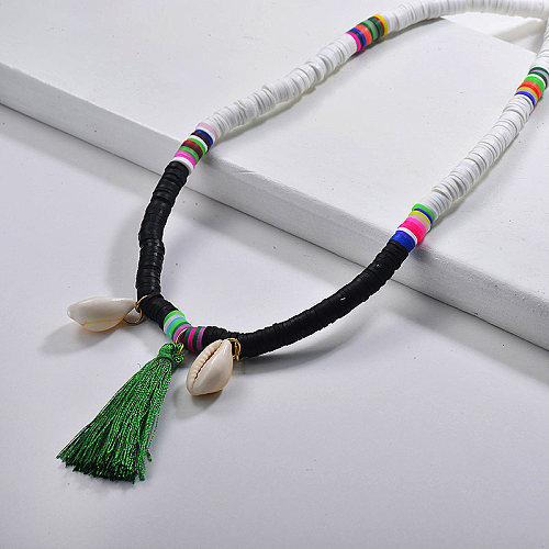 Trendy Black And White Beaded With Puka Shell Tassel Necklace